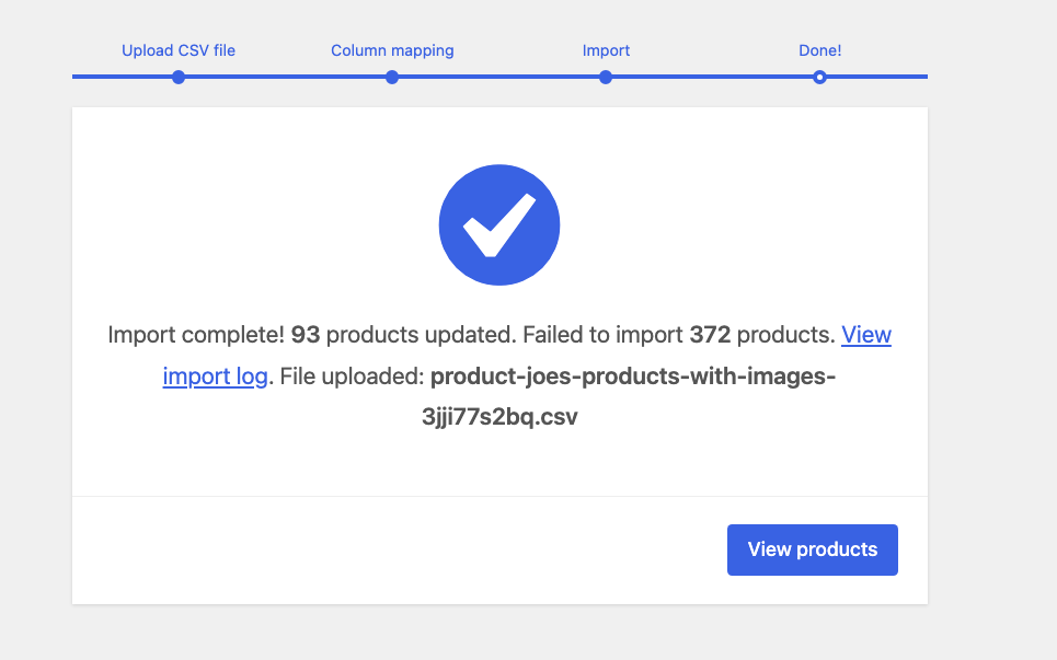 WooCommerce's importer: Import complete, 93 products updated, failed to import 372 products, with a link to the import log