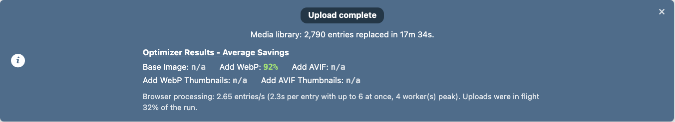 The Upload complete card after the sale run: 2,790 entries replaced in 17 minutes 34 seconds, Add WebP 92 percent