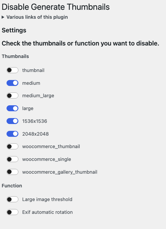 The Disable Generate Thumbnails settings: medium, large, 1536x1536 and 2048x2048 switched off; thumbnail, medium_large and the three WooCommerce sizes left on