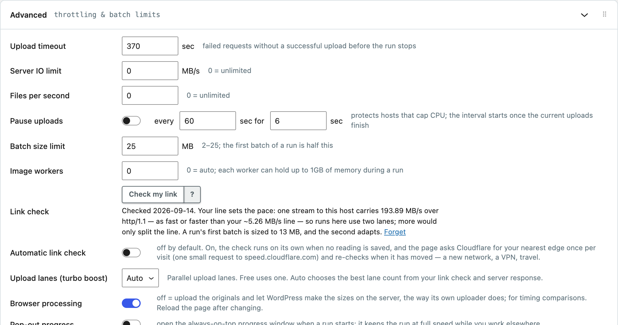 The Advanced panel: throttling and batch limits