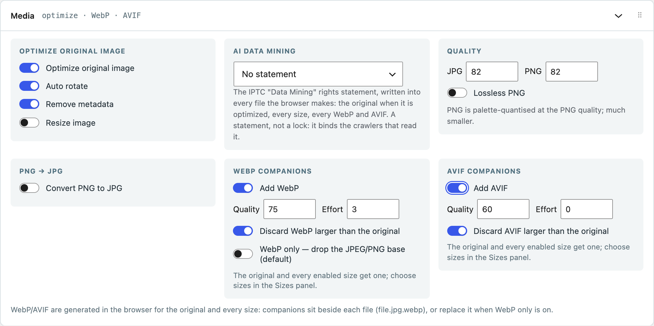 The Media panel: optimize, resize, WebP only