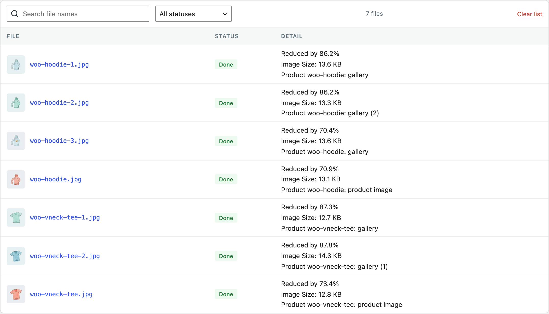 The file list after the run: each photo named after a SKU says which product it joined, as the product image or in the gallery