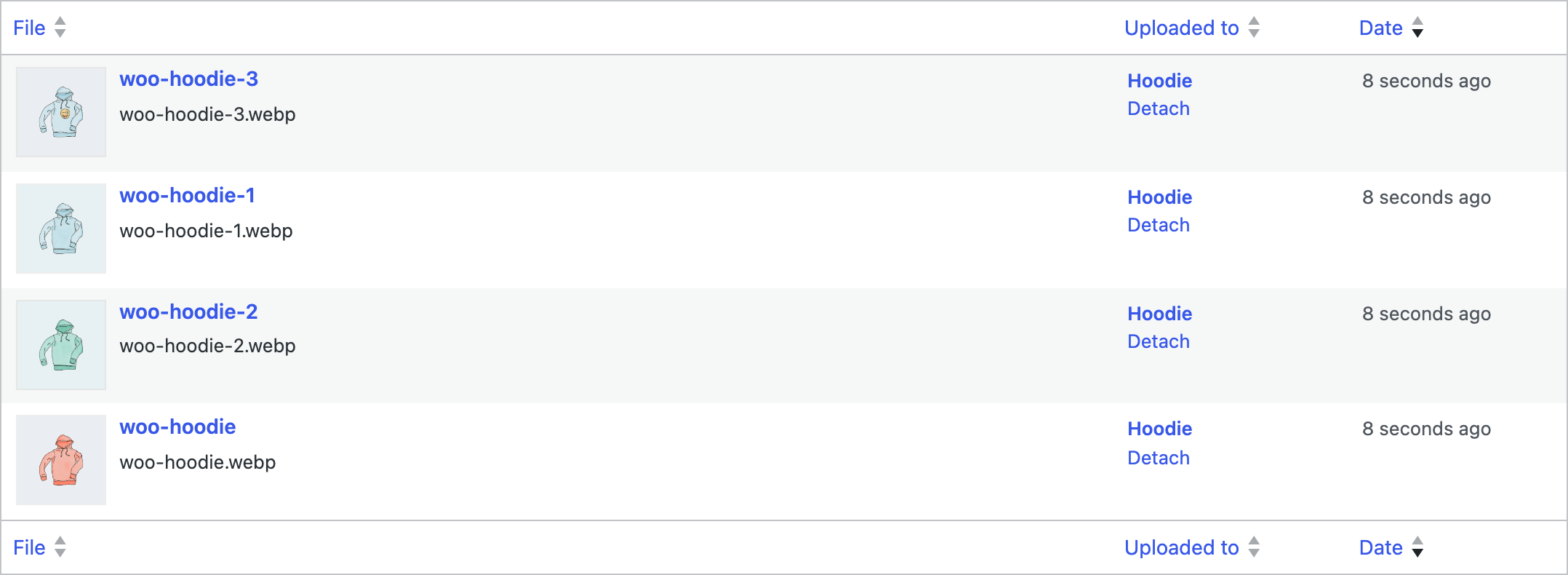 The WordPress Media Library: the four Hoodie photos stored as .webp, each uploaded to the Hoodie product