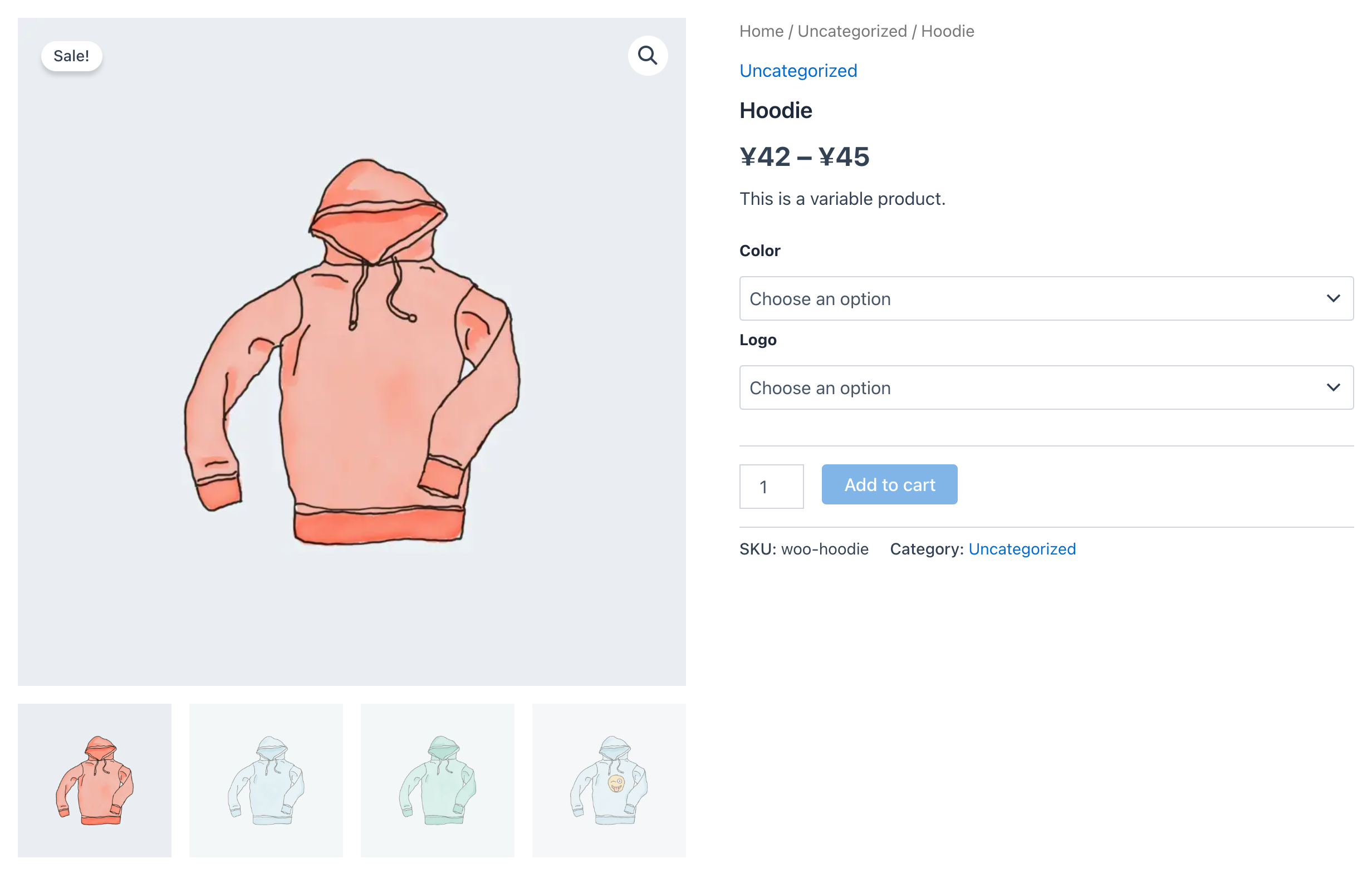 A WooCommerce product page: the Hoodie, SKU woo-hoodie, with its product image and three more views in the gallery, all attached by the upload